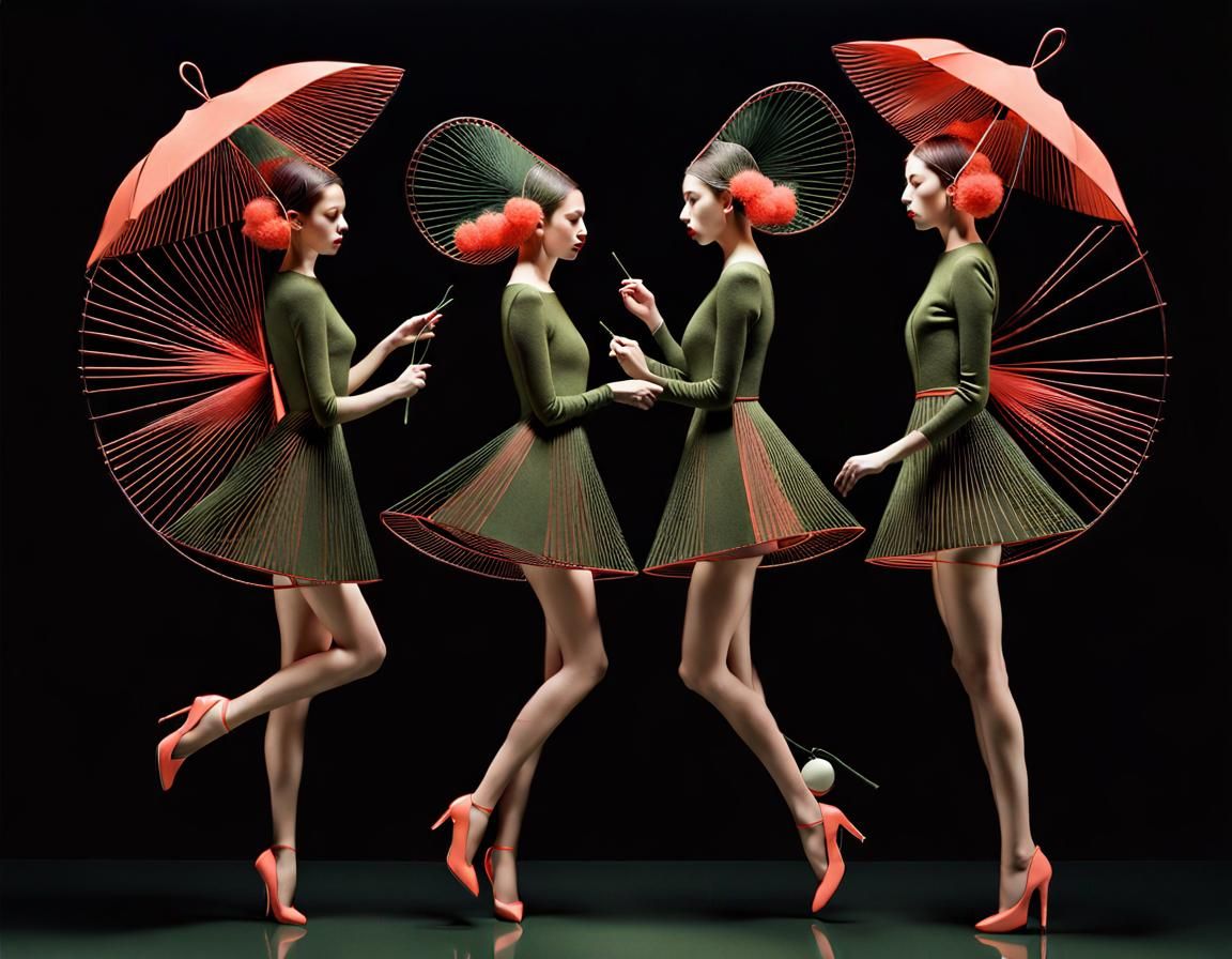 Surreal Paper Doll Dancers in Olive and Coral