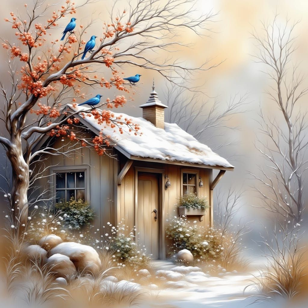 Bluebirds on Berry Bush: Soft Winter Flux-Inked Art