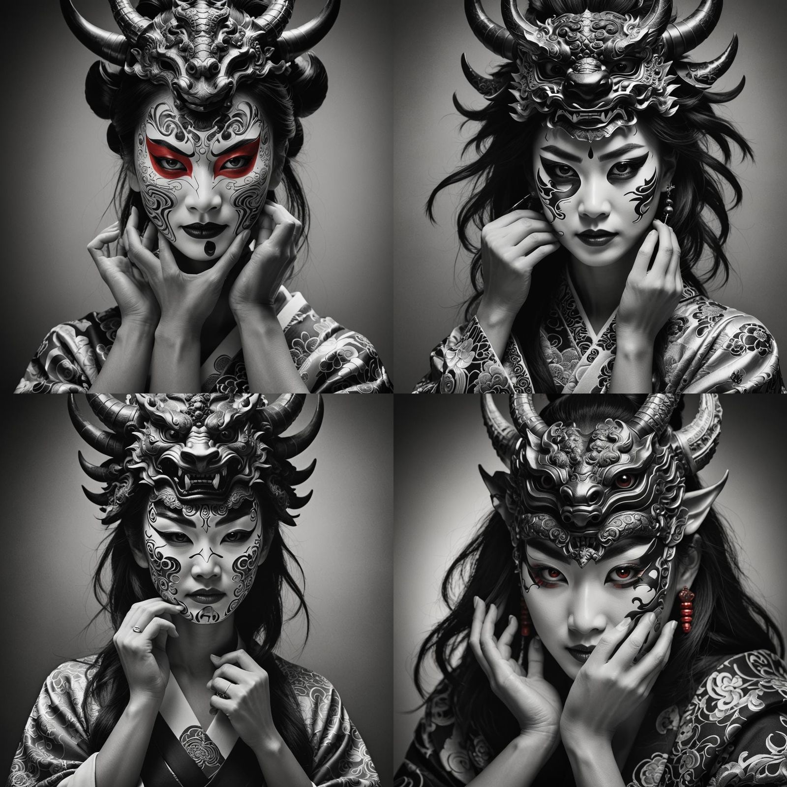 Striking Portrait: Woman Removing Oni Mask in Black and Whit...