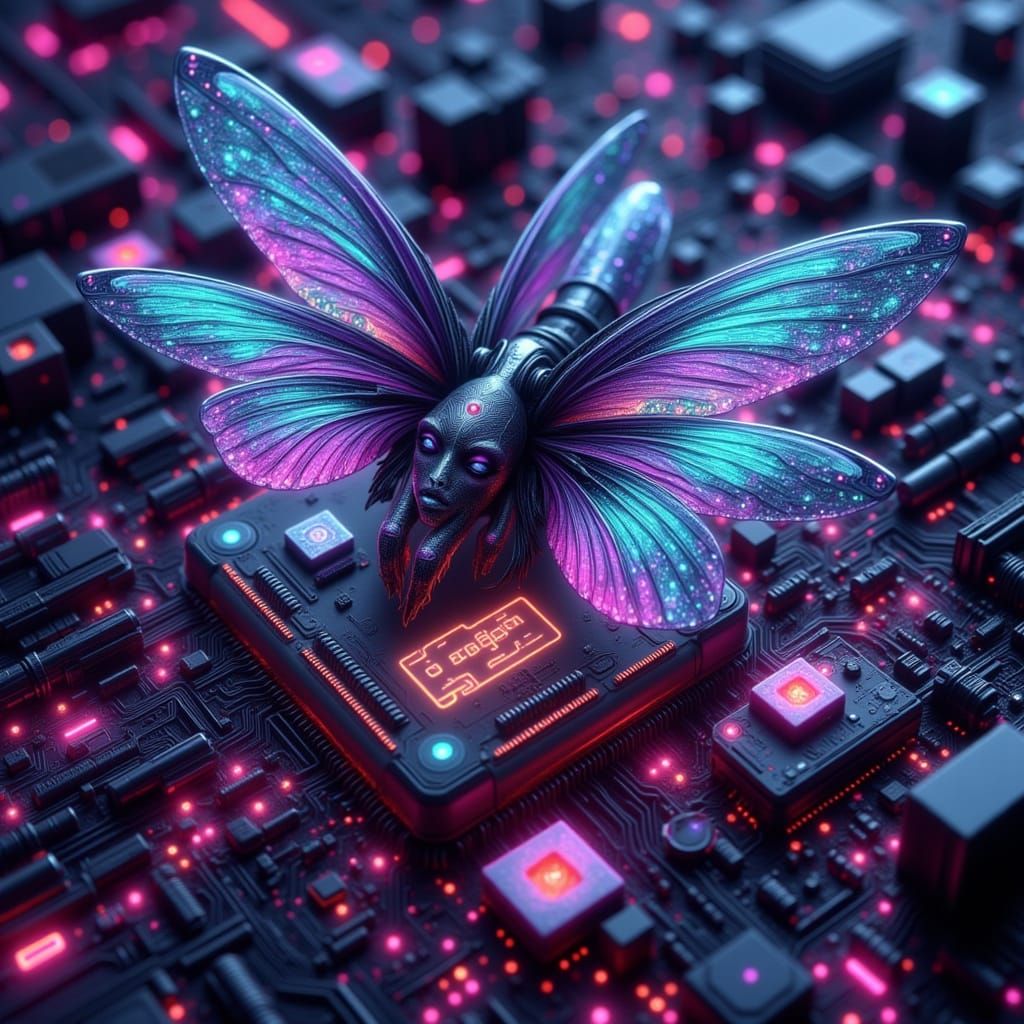 Cybernetic Fairy on Motherboard in Neon Futurism Style