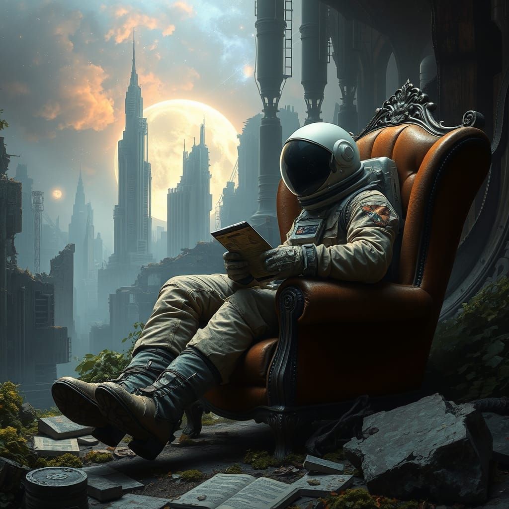 Astronaut Reading in Post-Apocalyptic Ruins