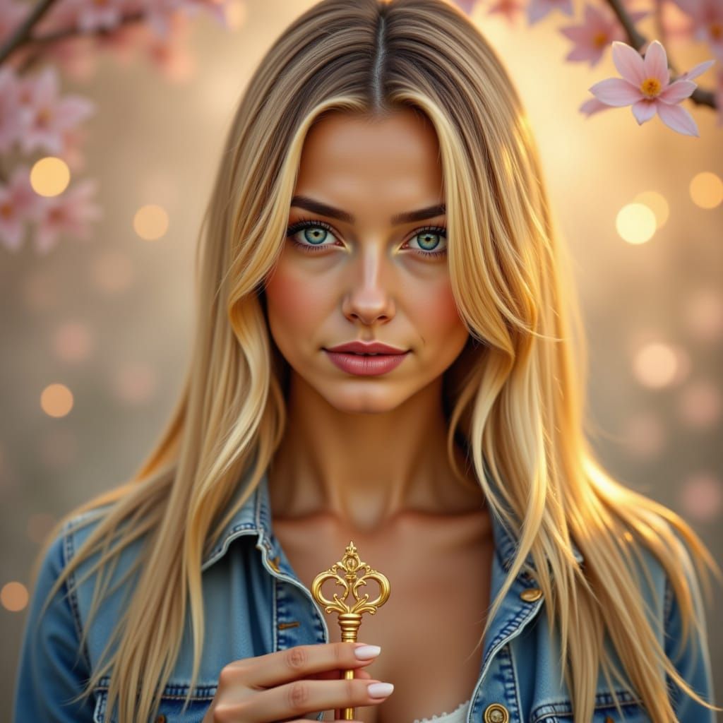 Woman Holding Golden Love Key in Romantic Bokeh