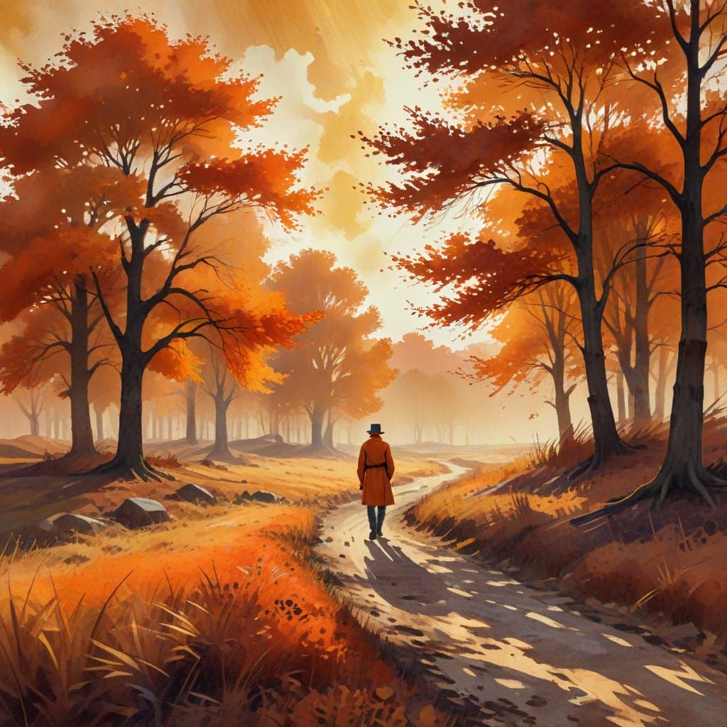 Lone Figure in Autumn Landscape Neo-Impressionist Style