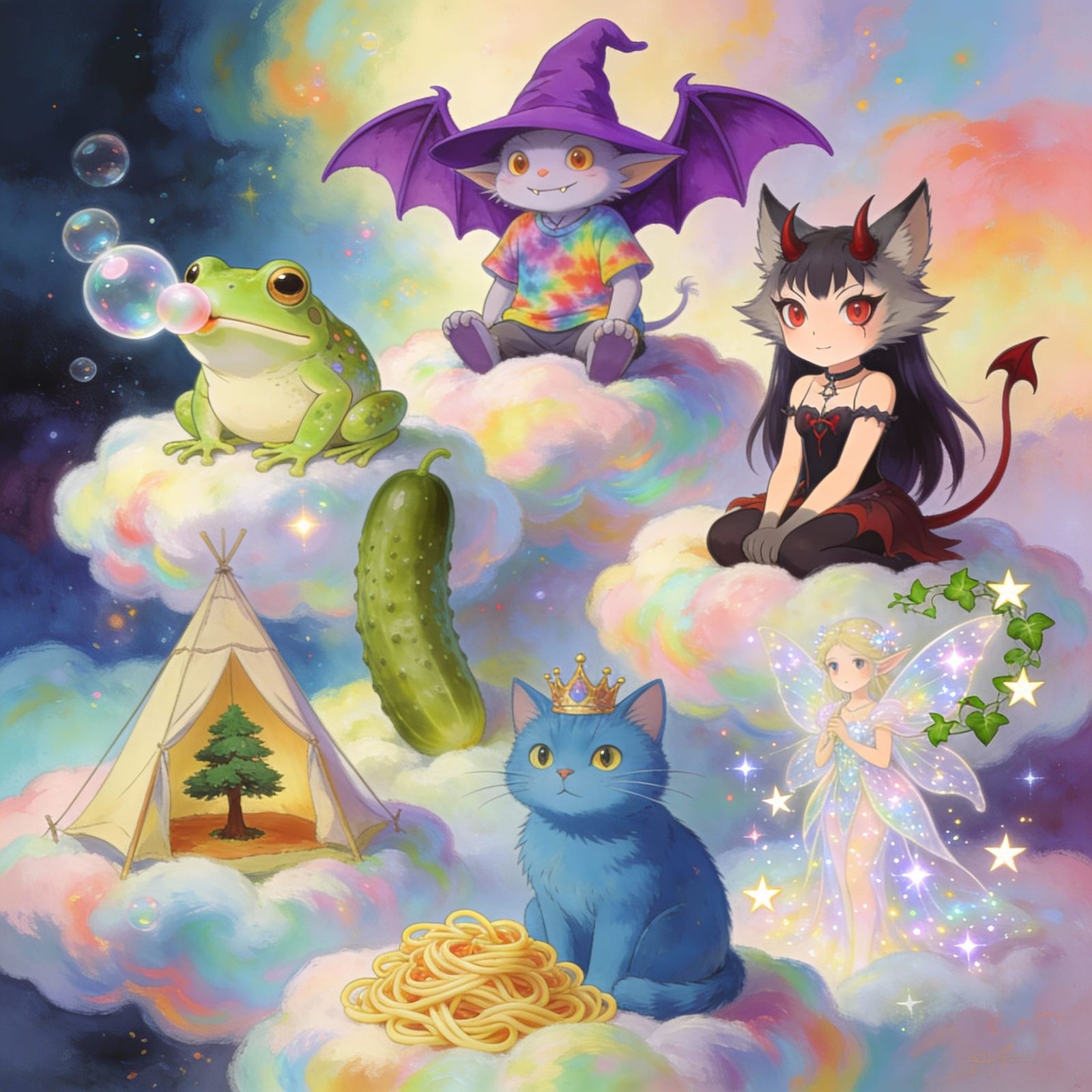 Whimsical Frog and Friends on Dreamlike Clouds