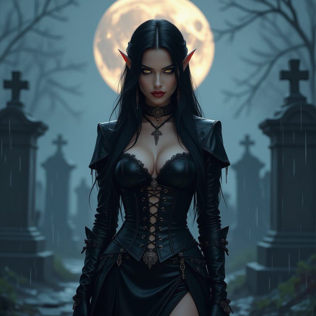 Dark Elf in Gothic Cemetery, Hyperrealistic Art