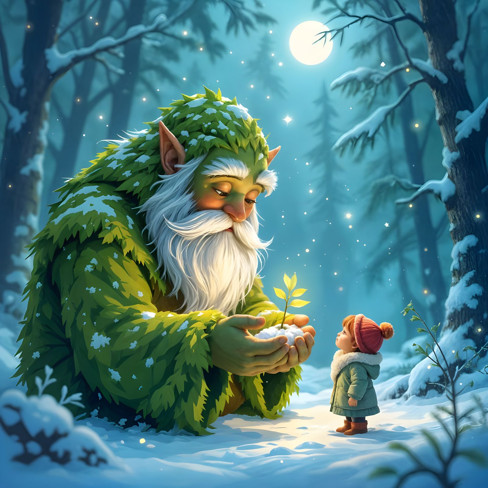 Moss Giant Offers Hope to Lost Child in Snowy Forest
