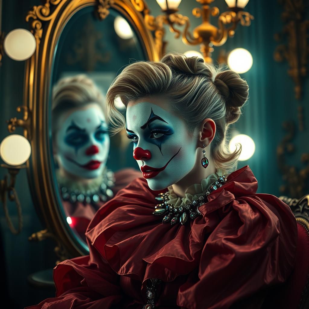 Clown in Opulent Outfit Gazing into Antique Mirror