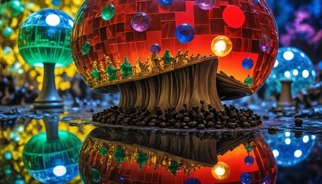 chess pieces trapped in a glass mushroom