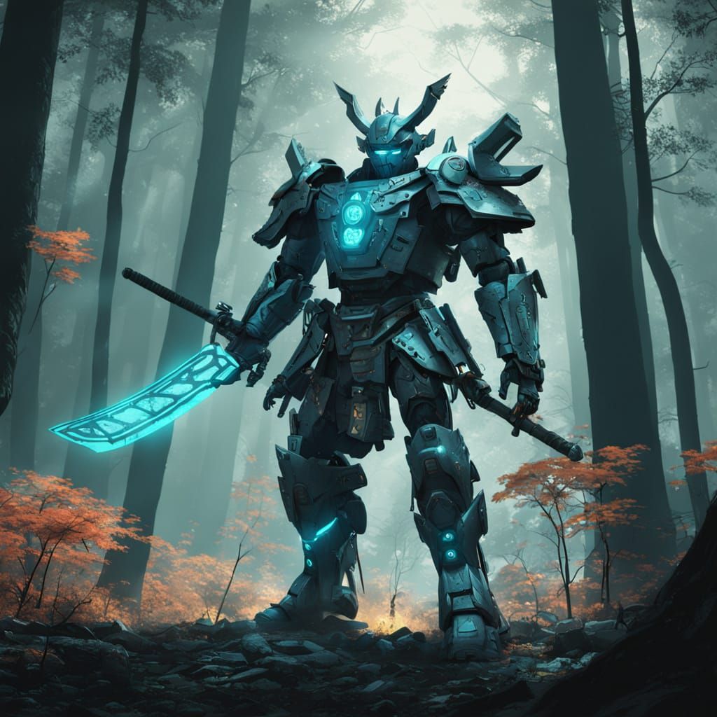 Robot Samurai Warrior with Shield and Katana in Forest