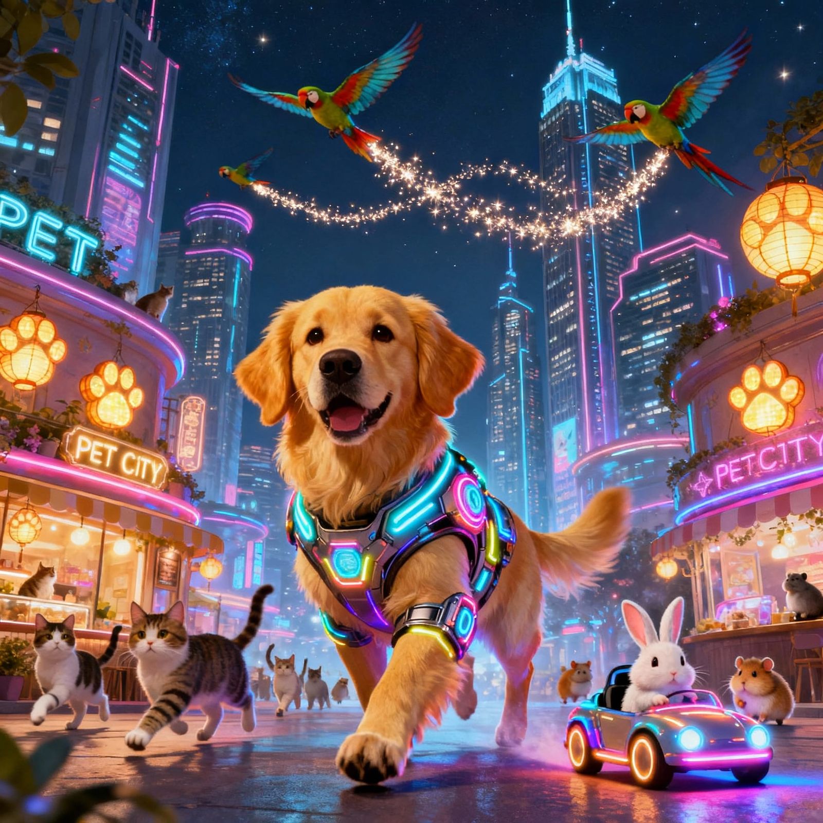 Futuristic Pet City at Night: Neon Fantasy Skyline