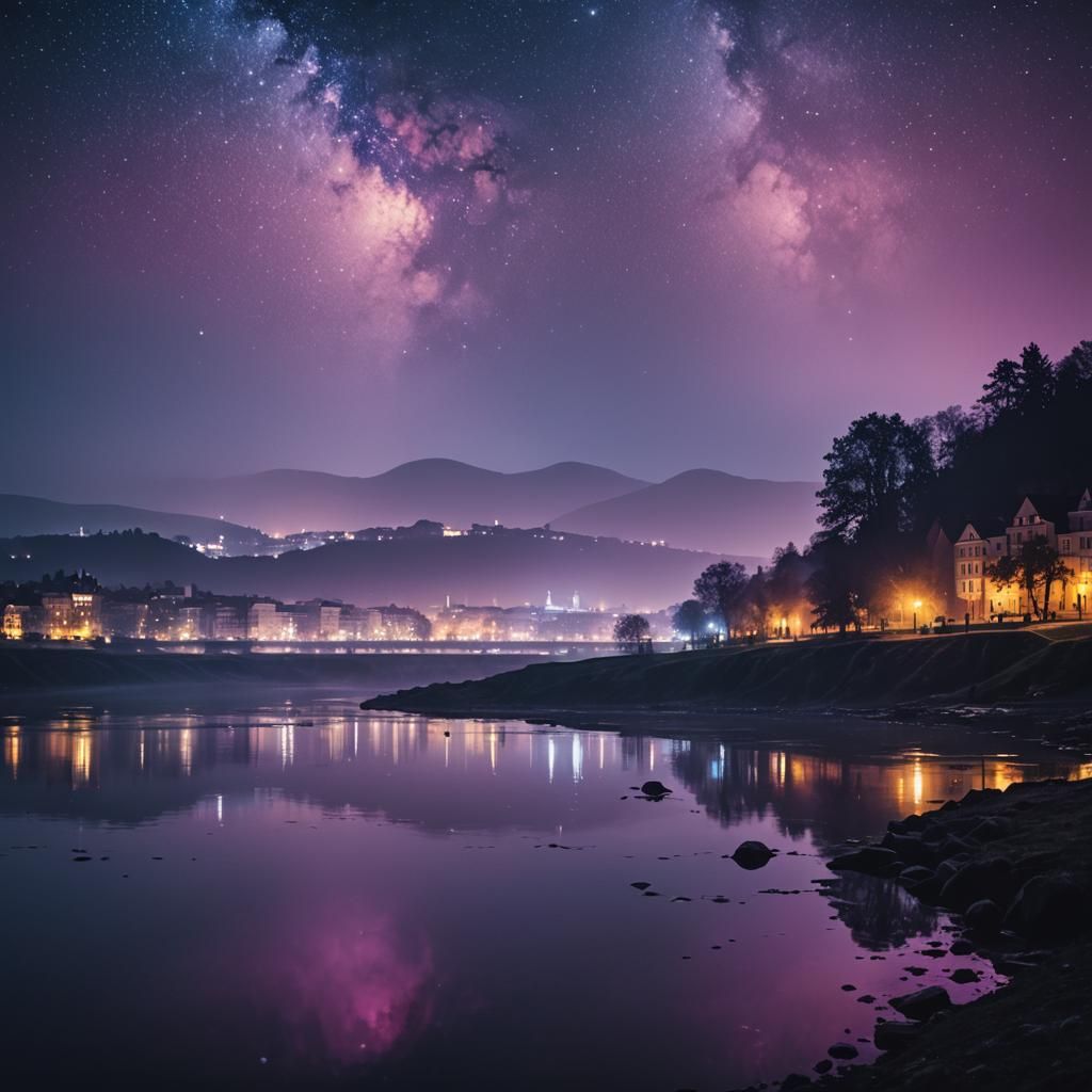 Dreamy Cinematic Night Landscape with Starry Sky