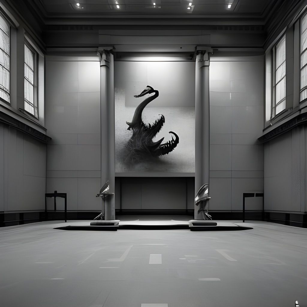 Desolate Dinosaur Museum Hall in Grayscale