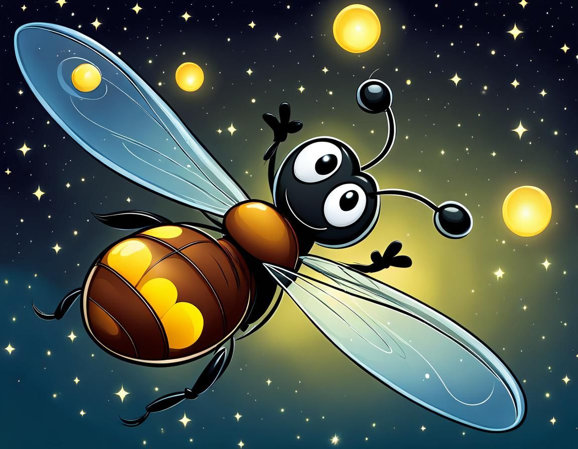 Cartoon Firefly Soaring Through Night Sky