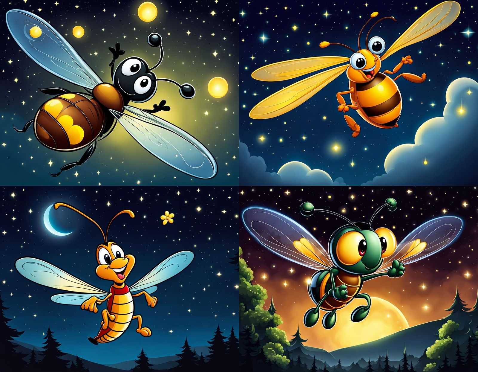 Cartoon Firefly Flying in the Night Sky