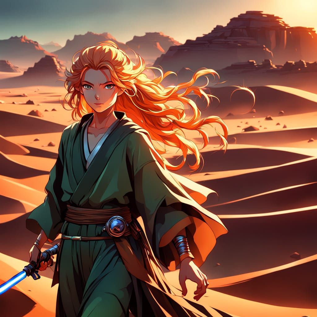 Ethereal Jedi Warrior in Vibrant Desert Sunset
