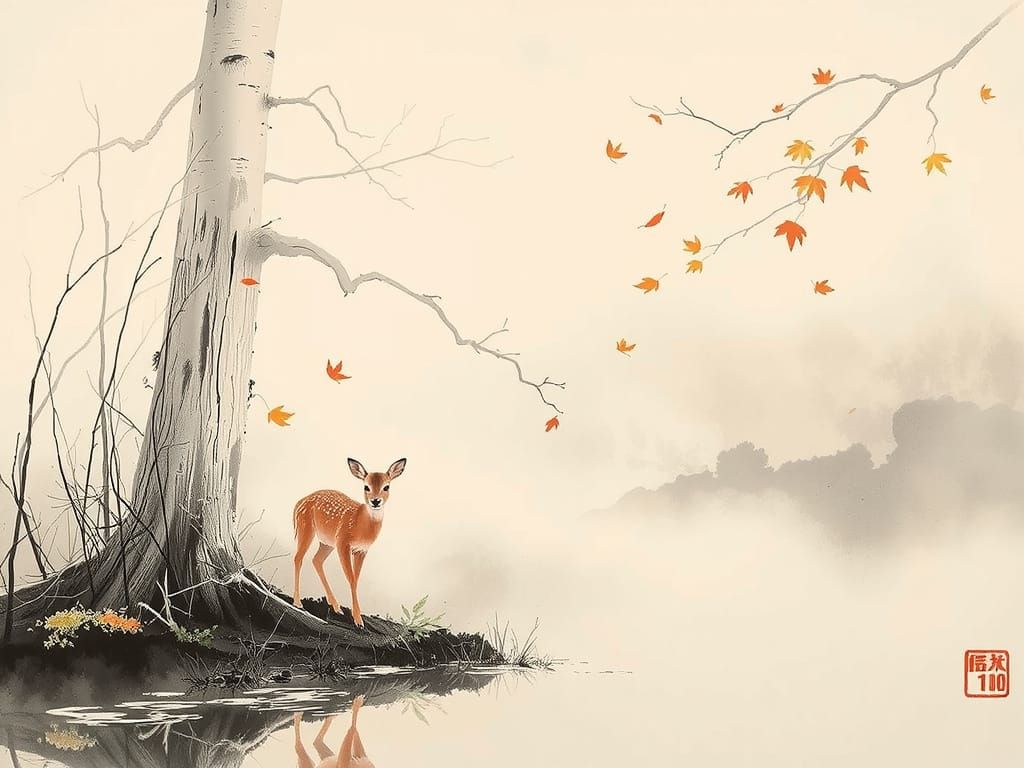 Doe in Misty Forest: Sumi-e Ink Painting