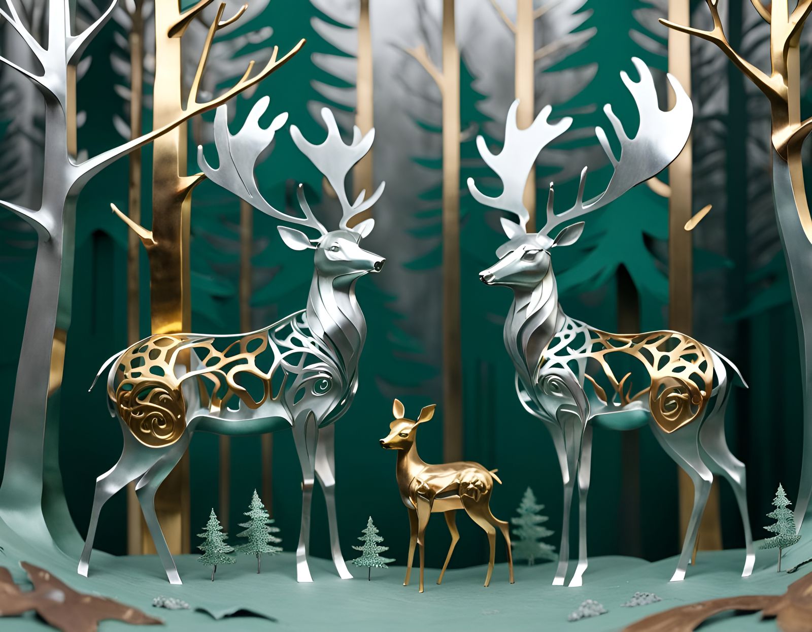 Metal Deer Sculpture in Forest Scene