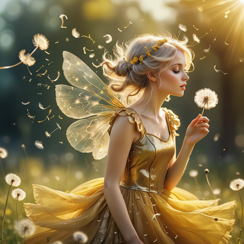 Whimsical Fairy Blowing Dandelion Seeds