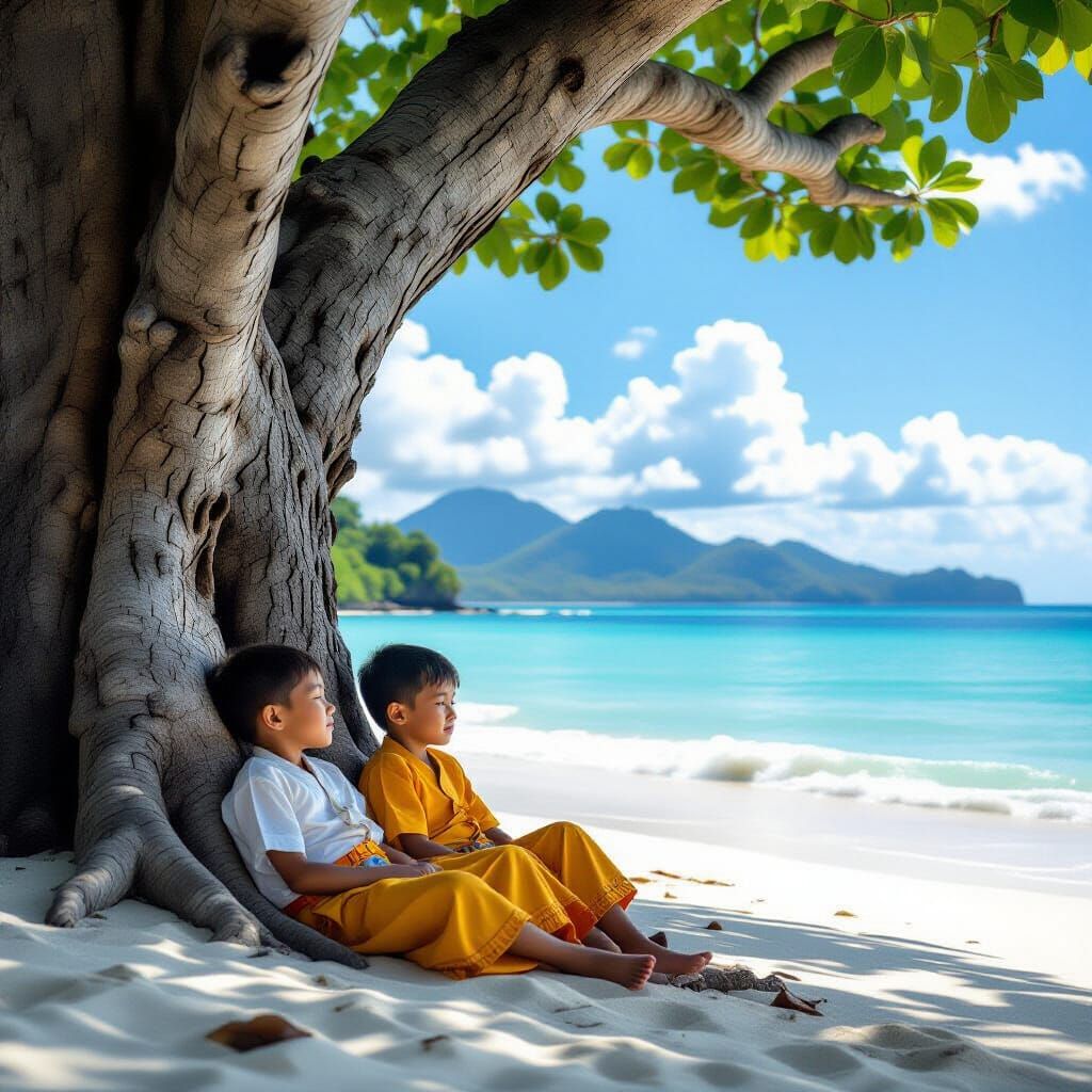 Two Boys Rest by Ancient Tree Gazing at Peaceful Sea