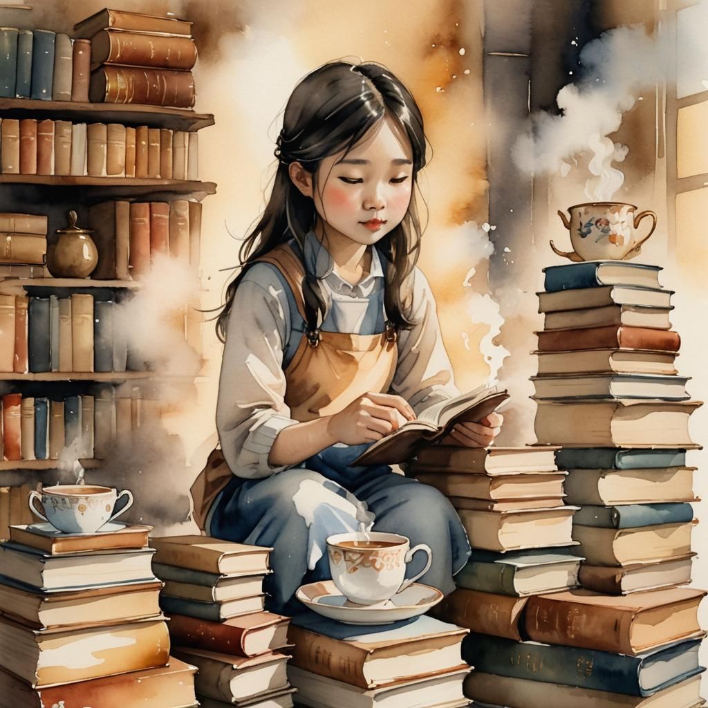 Cozy Watercolor: Girl, Books, and Tea