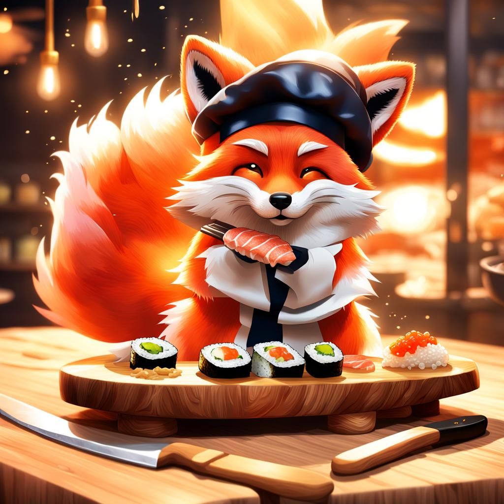 Fox Chef Creates Sushi: Vibrant Digital Art
