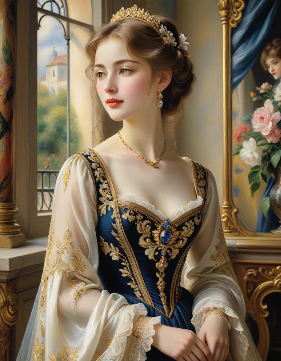 Elegant Noblewoman in 19th-Century Palace, Impressionist Por...