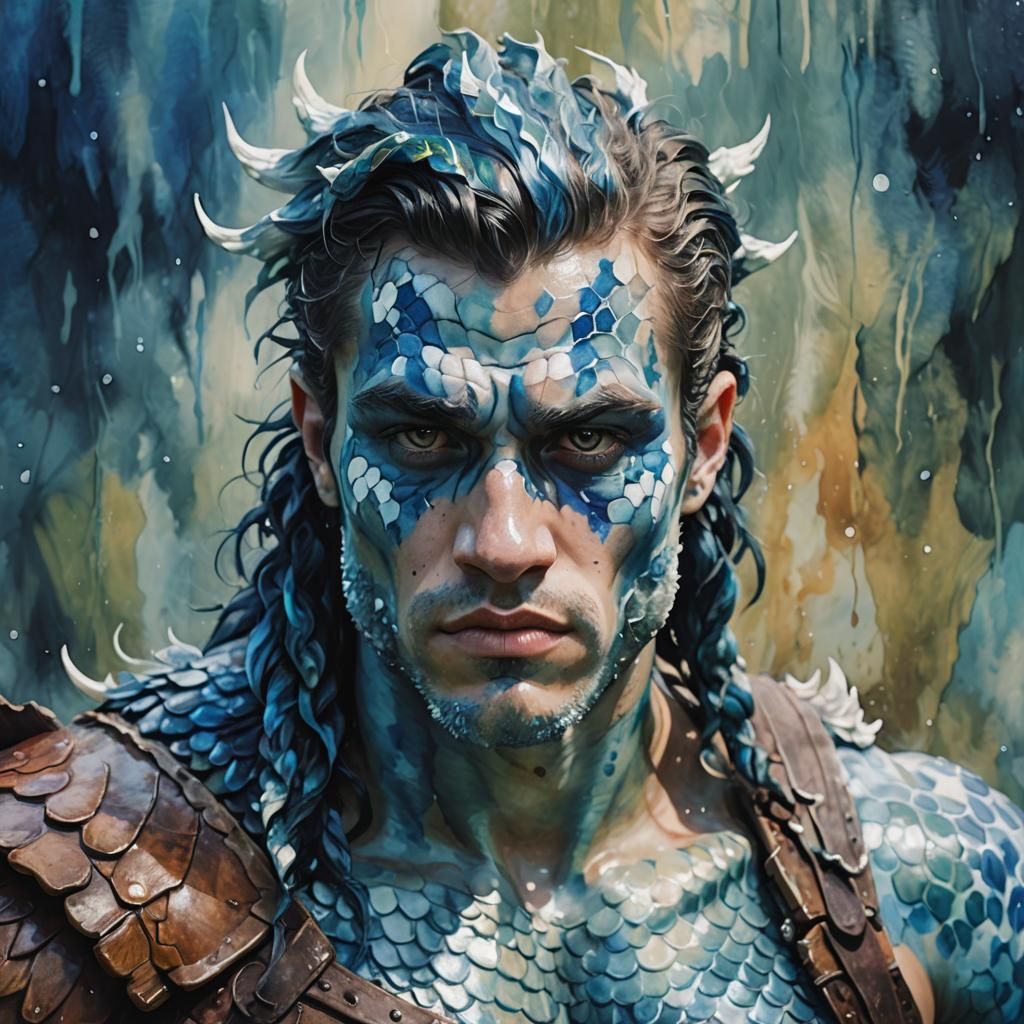 Merman Barbarian with Mottled Skin in Fauvist Style