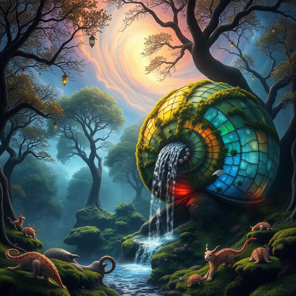 Waterfall on Snail Shell in Bioluminescent Forest