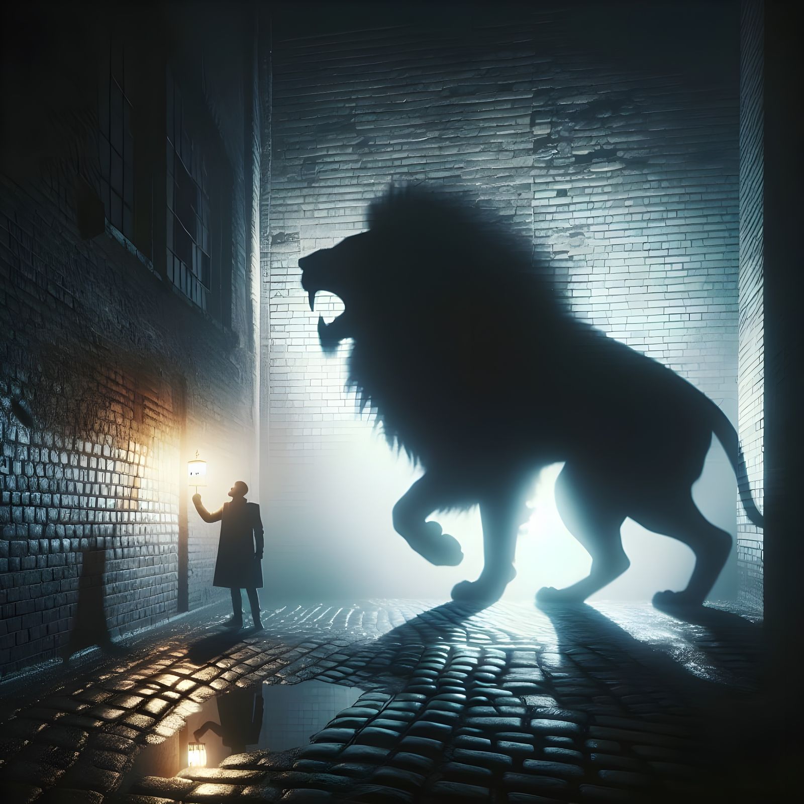 Lion Shadow in Urban Alleyway
