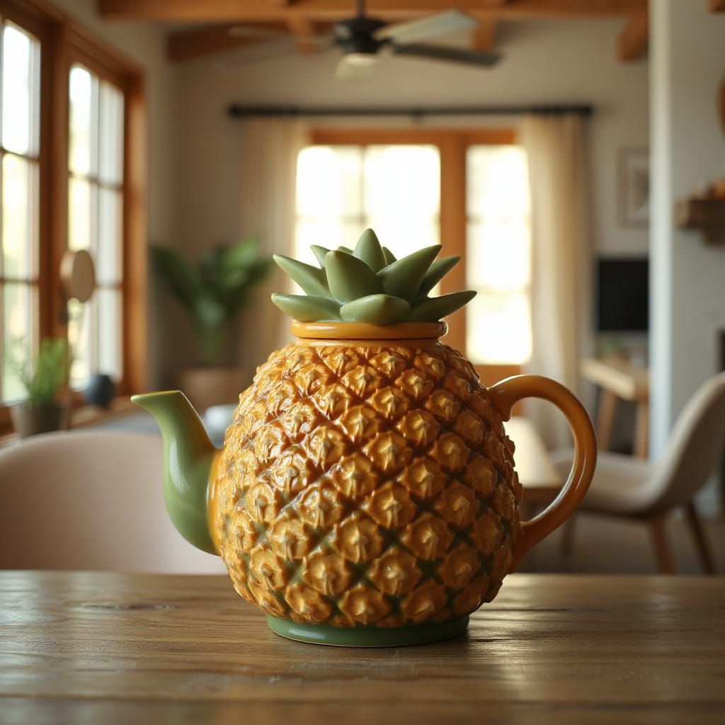 Photorealistic Pineapple Teapot in Cozy Country Interior