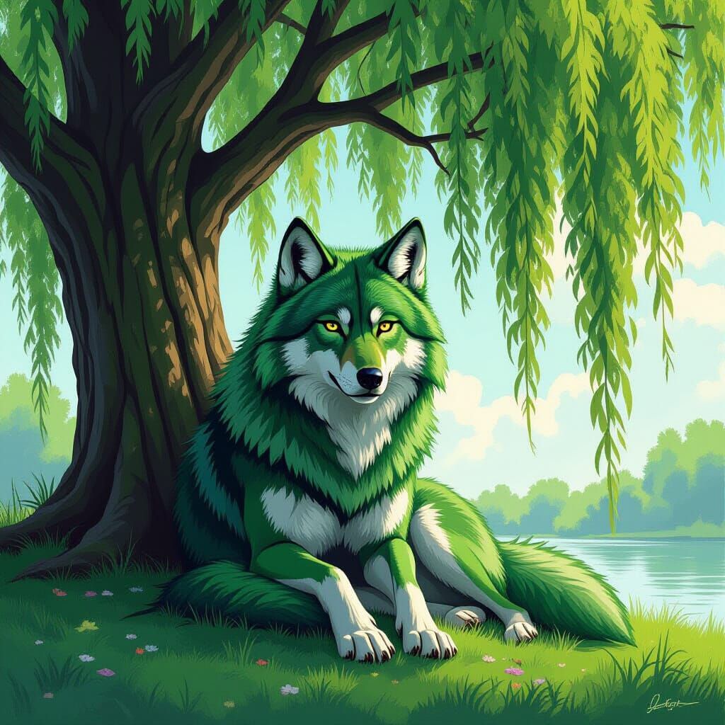 Majestic Green Wolf Under Willow Tree