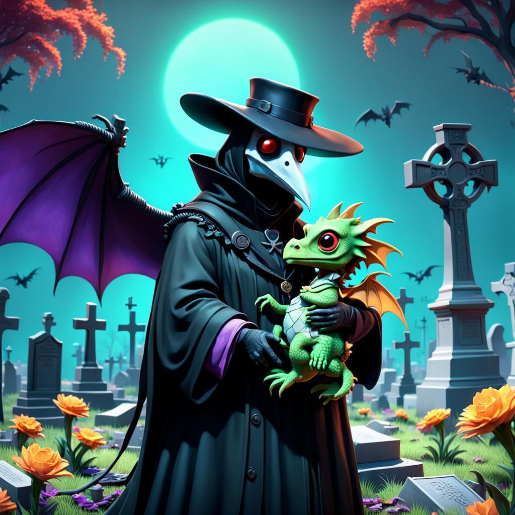 Cute Plague Doctor with Baby Dragon. 3D Digital Art