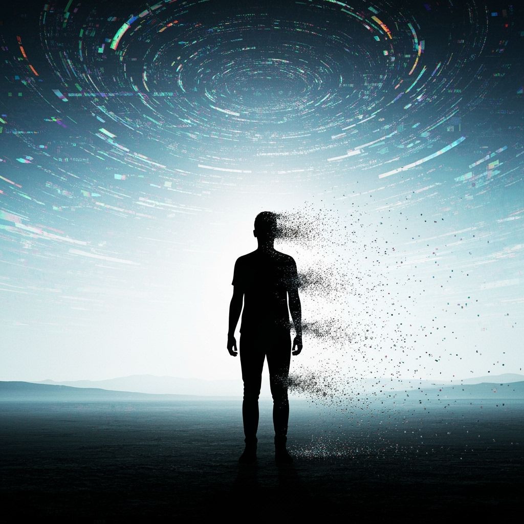 Figure Dissolving into Pixels in Glitch Art Style