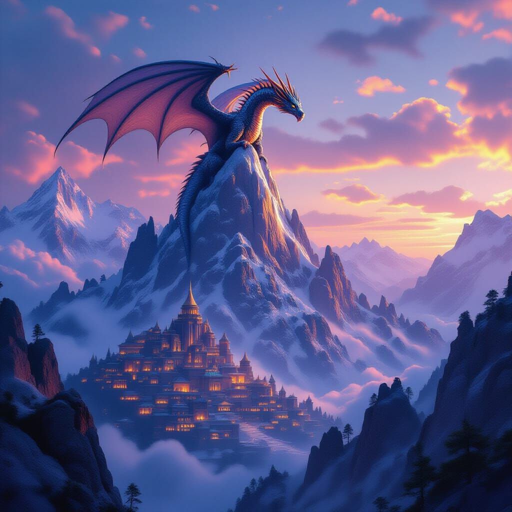 Colossal Dragon Over Hidden Village in Fantasy Landscape