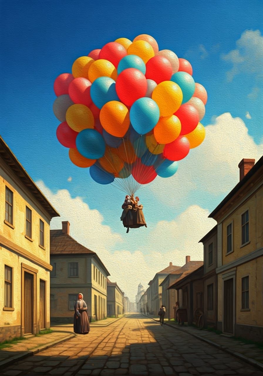 Whimsical Shtetl Ascends with Balloons: Oil Painting
