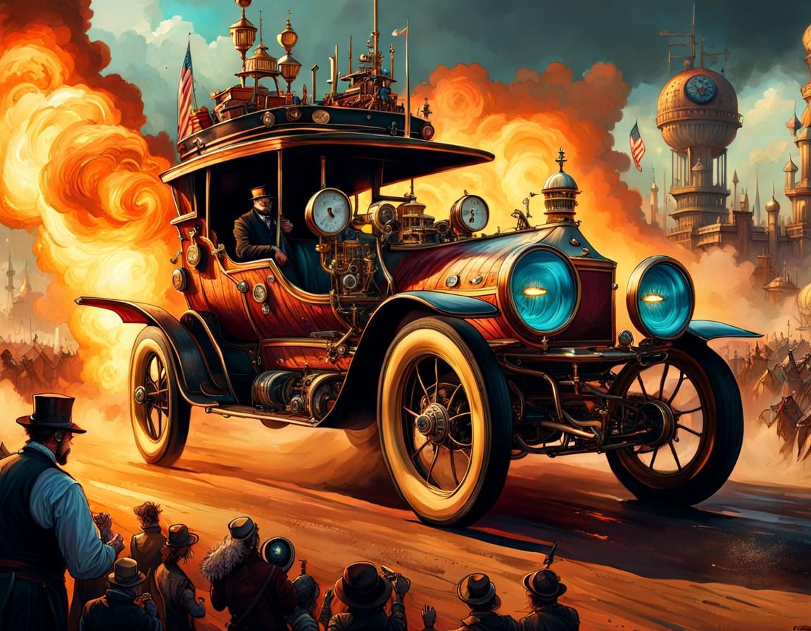 Steampunk Car Drag Race in Fantasycore Style
