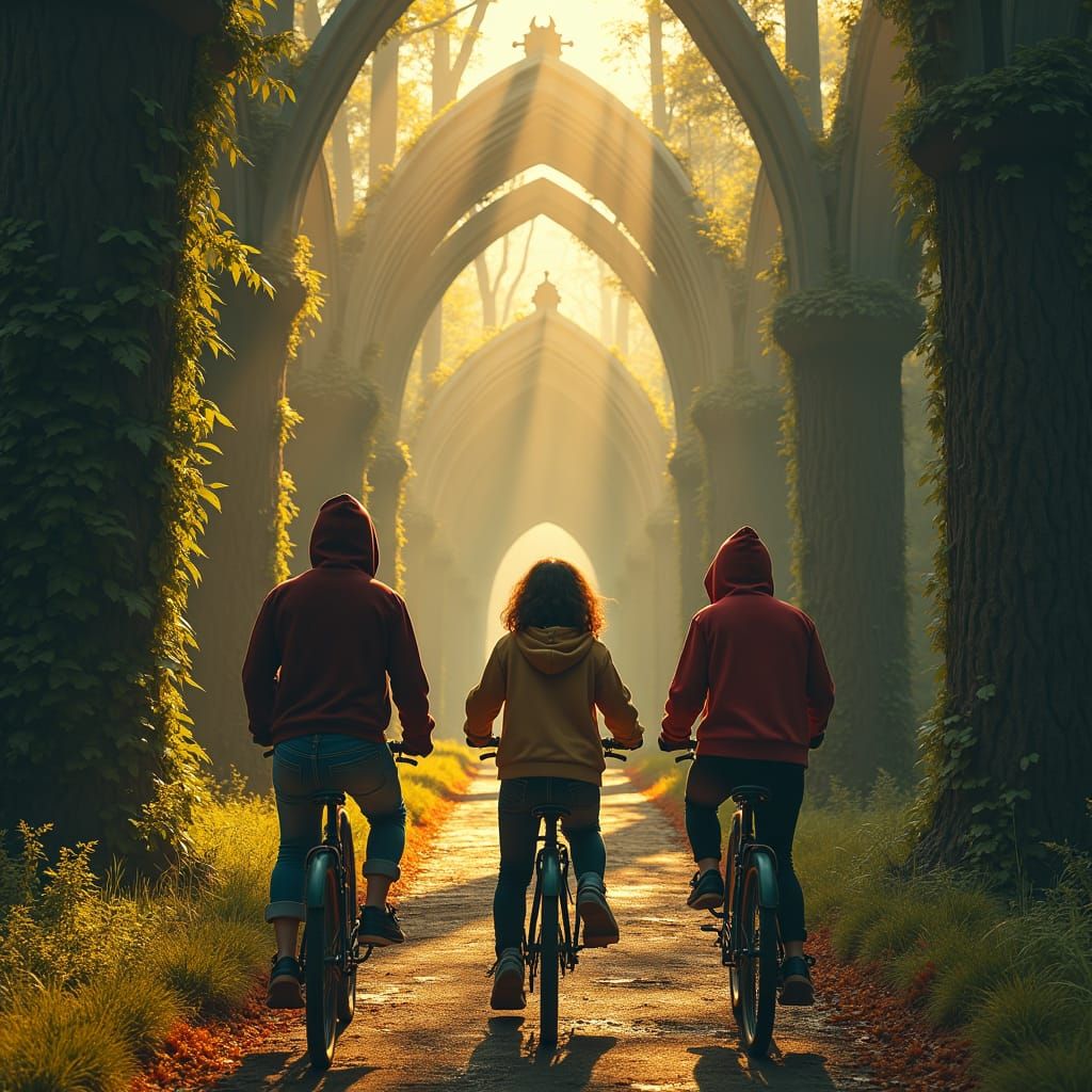 Eerie Abandoned Cathedral Scene with Teenagers