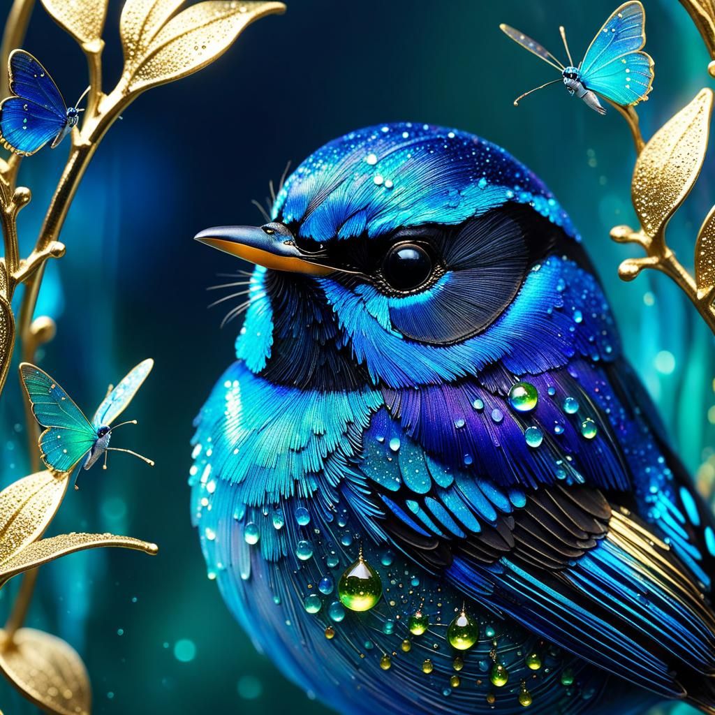 Blue Wren in Harry Clarke Style With Botanical Backdrop