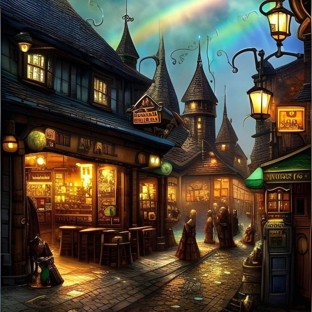 Steampunk Nightcafe With Rainbow Smoke and Castle Towers