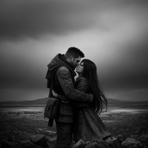 Emotional Embrace in War-Torn Landscape: Charcoal Drawing