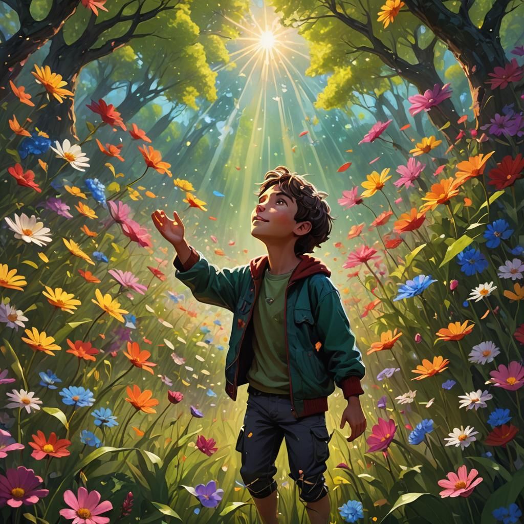 Boy in Lush Meadow, Vibrant Concept Art