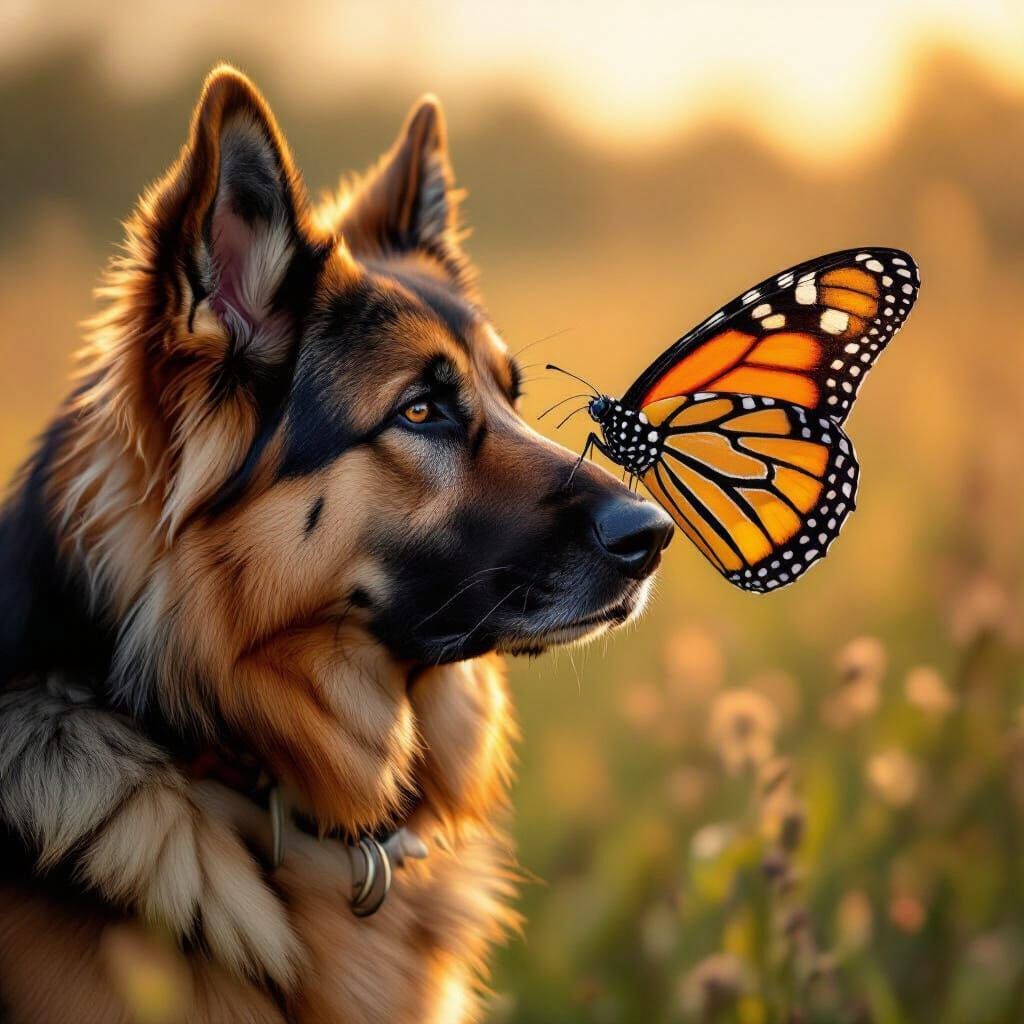 Monarch Butterfly Lands on German Shepherd's Nose