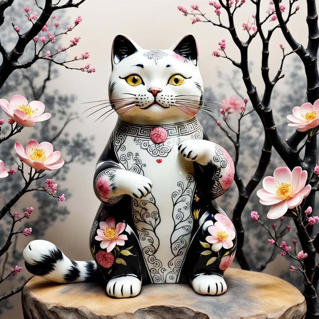 Porcelain Cat with Chinese Ink Art