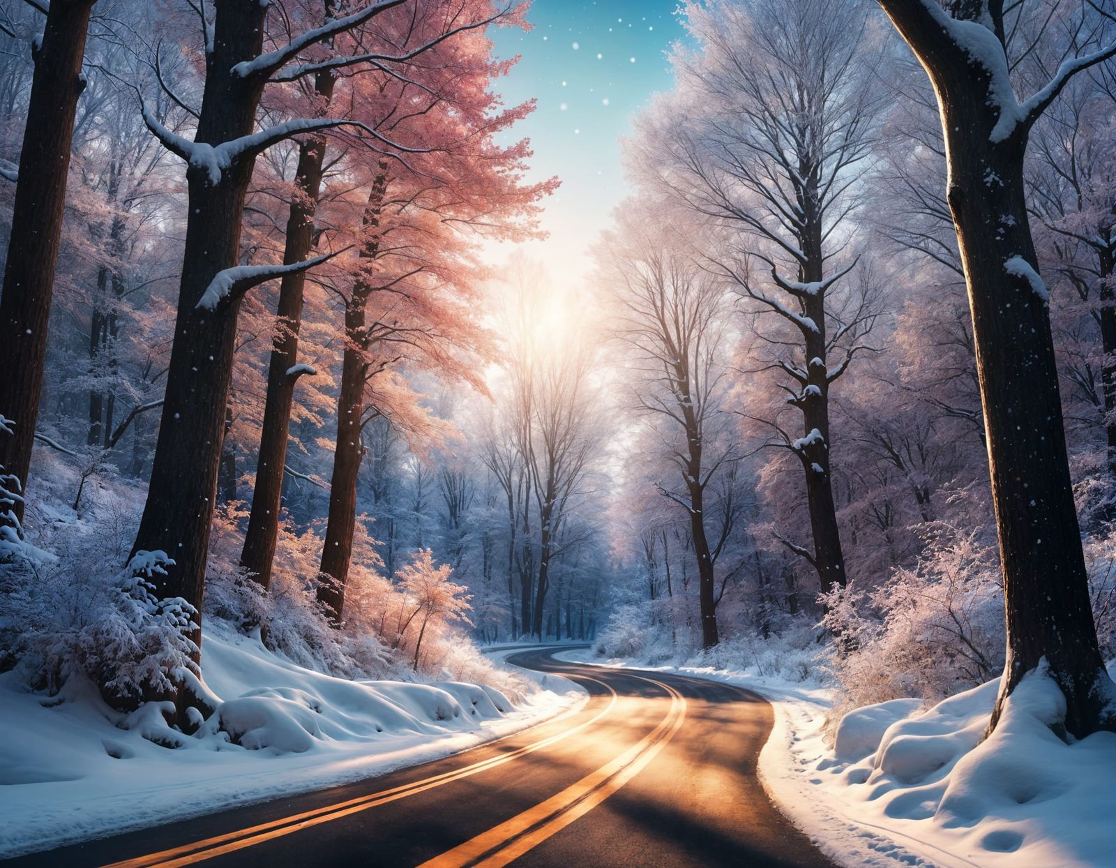 Snowy Forest Road in Winter Glow