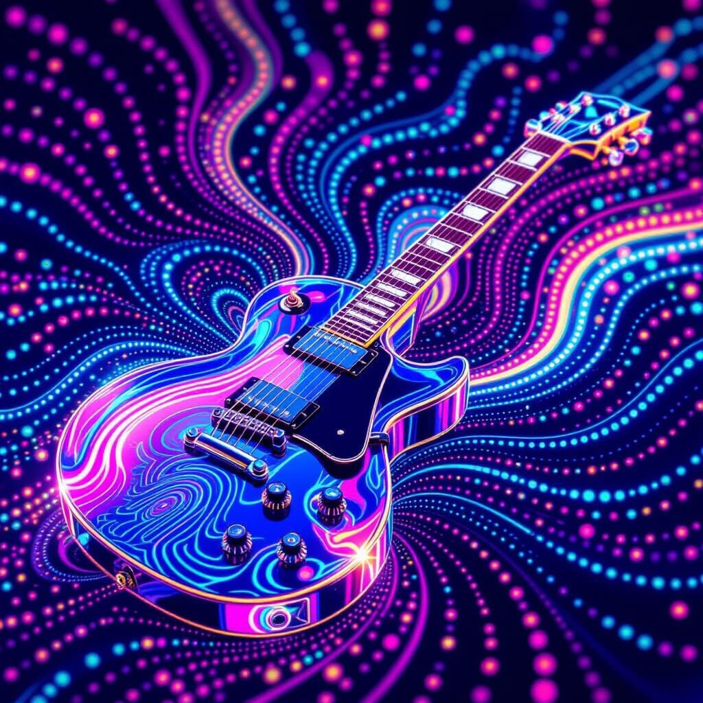 Vibrant Crystal Electric Guitar in Psychedelic Neon Style