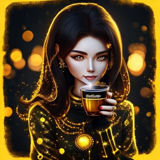 Girl with Coffee, Dog, and Christmas Crystals