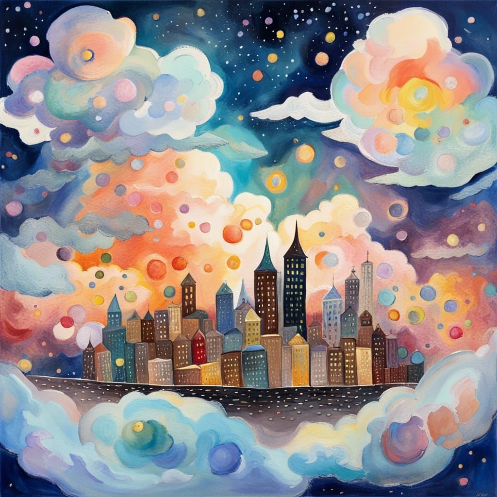 City Island in the Sky: Gouache Painting