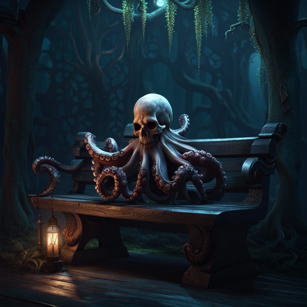 Skull Octopus on Witchy Bench, Dark Fantasy Art
