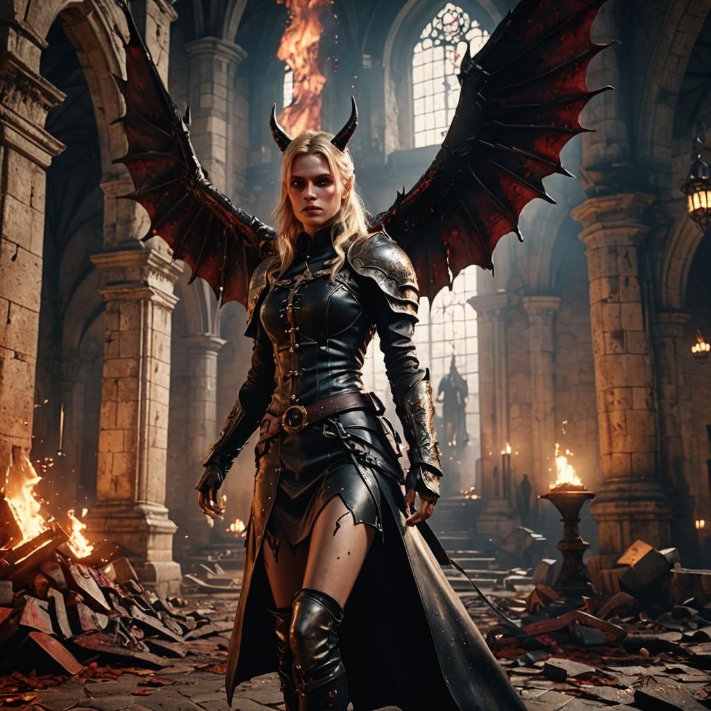 Devil Girl Falling from Tower: Hyperrealistic 3D Art