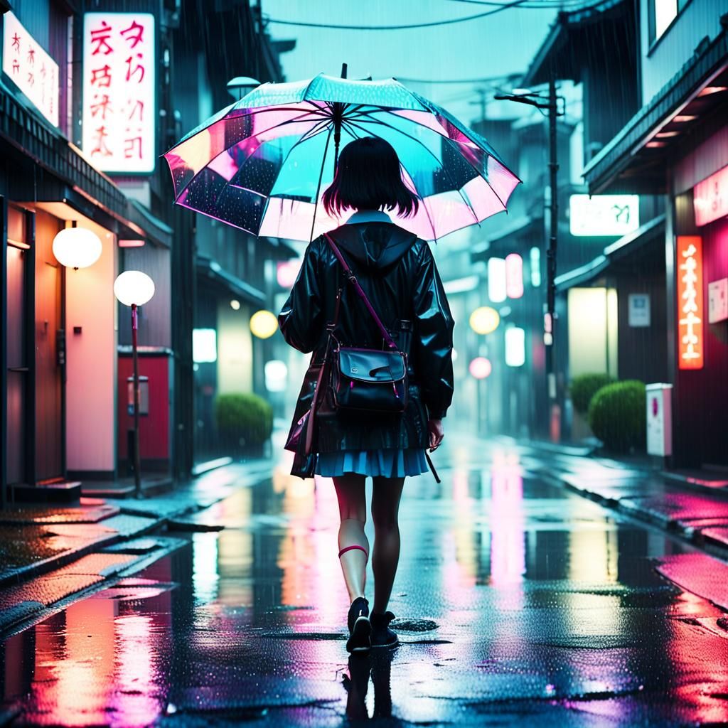 Neon Noir: Schoolgirl in Rainy Japanese Street